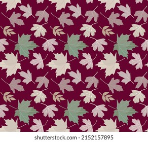 Bleached golden currant and ash autumn leaves and green maple leaves on brown background in vector. Natural print for fabric.