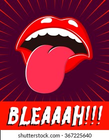 Bleah! Mouth sticking out tongue expressing disgust, distaste grimace, bad taste food vector illustration