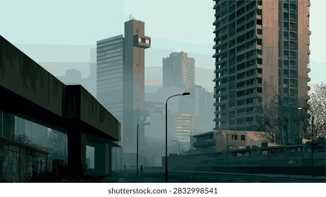 Bleak Dystopian Urban Landscape with Elevated Highway and Dilapidated Buildings
