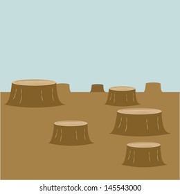 bleak landscape of felled tree trunks, brown color with blue background.