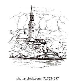 Rodeado de lago, isla, castillo y montañas en segundo plano, Eslovenia, Europa.Ciudad con casas y agua, dibujado en estilo boceto.Cityscape.