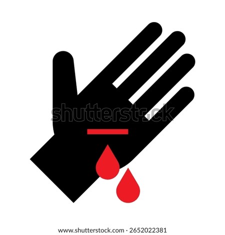 Bleeding cut hand with drops of blood icon. Cut on hand sign. Medicine emergency concept.