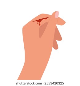 Bleeding cut on the palm, emergency situation. First aid treatment for wound on skin. Trauma, treatment procedure. Vector illustration