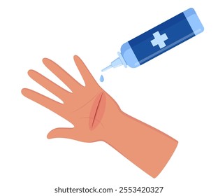 Bleeding cut on the palm, emergency situation. First aid treatment for wound on skin. Trauma, treatment procedure. Vector illustration