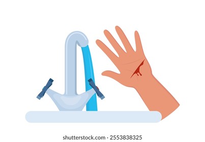 Bleeding cut on the palm, emergency situation. First aid treatment for wound on skin. Trauma, treatment procedure. Vector illustration