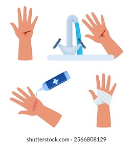 Bleeding cut on the palm, emergency situation. First aid treatment for wound on skin. Trauma, treatment procedure. Vector illustration