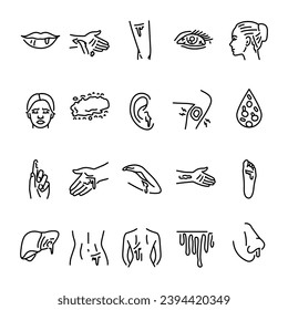 Bleeding from different parts of the body black line icons set. Blood. Pictograms for web page, mobile app, promo.