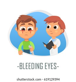 Bleeding eyes medical concept. Vector illustration. Doctor and patient are talking in the hospital. Isolated on white background.