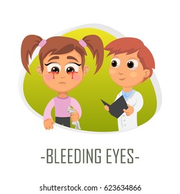 Bleeding eyes medical concept. Vector illustration. Doctor and patient are talking in the hospital. Isolated on white background.