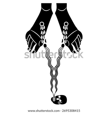 Bleeding feet of Jesus Christ and human skull. Christian symbol of sin and redemption. Black and white silhouette.