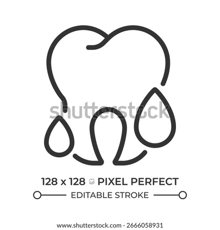 Bleeding gums pixel perfect line icon. Dental hygiene, oral care. Medical symptoms, illness. Healthy teeth. Isolated vector illustration. Outline symbol. Simple linear drawing. Editable stroke