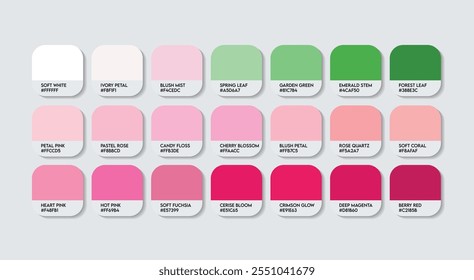 Bluten Herz Blume Farbpalette, Bluten Herz Blume Farbleitpalette mit Farbnamen. Katalog Proben von Blutungsherz HEX-Codes. Fashion Trend Wassermelone rosa Farbpalette Element