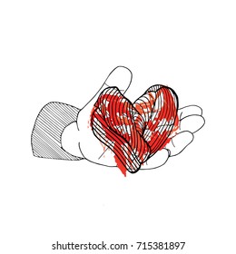 Bleeding heart in hand. Halloween hand drawn card on white.