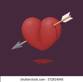 Corazón sangrante perforado por una flecha de Cupido - Ilustración vectorial en Pixel Art Técnica Clásica