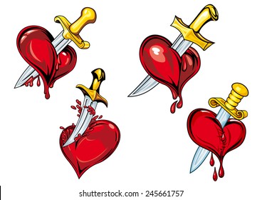Bleeding Hearts With Daggers In Cartoon Style For Tattoo And Broken Heart Concept Design