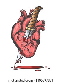 Bleeding Human Heart Pierced By Knife Drawn In Tattoo Style. Vector Illustration.