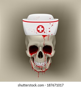 Bleeding human skull in white nurse cap. Illustration on grey background