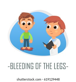 Bleeding of the legs medical concept. Vector illustration. Doctor and patient are talking in the hospital. Isolated on white background.