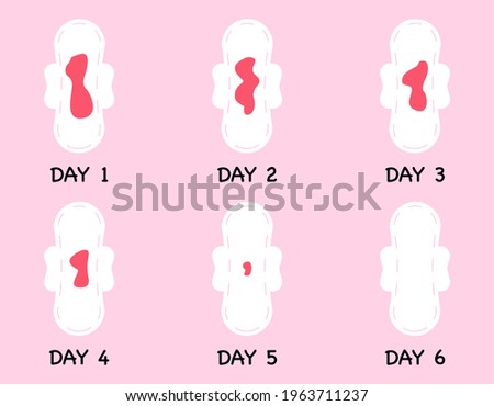 Bleeding Menstrual Period on Pad. Heavy and Light Menstrual Period. Female Sanitary Napkins with Blood. Frequency and Periodicity of Menstrual Cycle icons. Vector illustration.