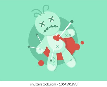 Bleeding voodoo doll. Terrible black magic voodoo doll. Vector flat illustration.
