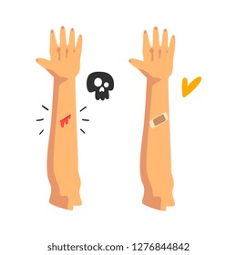 Bleeding wound on the hand, sticking plaster, physical injury, first aid and treatment vector Illustration on a white background