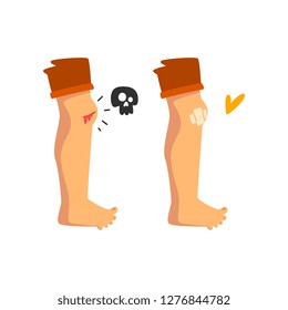 Bleeding wound on the knee, sticking plaster, physical injury, first aid and treatment vector Illustration on a white background