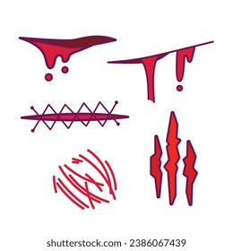 Bleeding wounds and scars. Colorful vector icon set collection isolated on square white background. Simple flat cartoon art styled drawing.