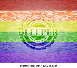 Bleeper emblem on mosaic background with the colors of the LGBT flag