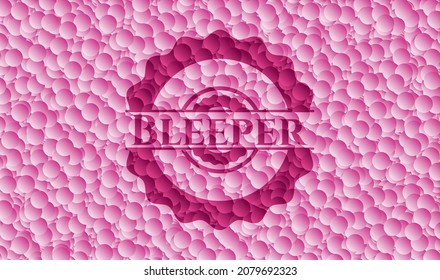 Emblema rosa de estilo retro con fondo de burbujas. Ilustración vectorial. Detallado. 