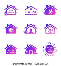 Bleibt zu hause. Stay home in Germany. Set of social media sticker of self-isolation. Distancing measures to prevent virus spread. Vector icon covid19 for apps, highlight cover or stories template.