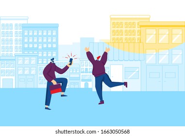 Bleisure concept. Couple of coworkers have fun outdoors after work. Young woman jumping up and dpwn with joy and bearded man take a her picture with his smartphone. Vector flat illustration.