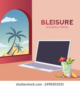 Bleisure, Digital Nomade Concept. Fernarbeit, Bildung oder Selbstständigkeit. Laptop steht vor einer tropischen Landschaft und einem Cocktail auf einem Tisch. Wenn Sie Arbeit verbinden, reisen und entspannen.