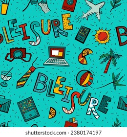 Bleisure seamless pattern. Travel, work and relax at the same time. Remote work, digital nomadism, self-employment. Super prominent trend. Editable vector illustration isolated on a blue background.