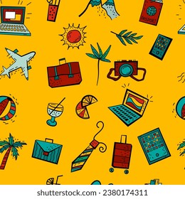 Bleisure seamless pattern. Travel, work and relax at the same time. Remote work, digital nomadism, self-employment. Super prominent trend. Editable vector illustration isolated on a yellow background.