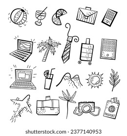 Bleisure symbols set. Travel, work and relax at the same time. Remote work, digital nomadism, self-employment. Super prominent trend. Hand drawn icon. Vector illustration isolated on white background