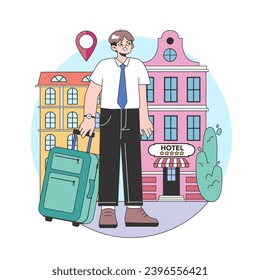 Bleisure travel. Business and sightseeing trip. Workation, digital nomad working globally. Combined leisure with professional business tasks abroad. Flat vector illustration