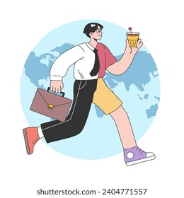 Bleisure travel. Business and sightseeing trip. Workation, digital nomad working globally. Combined leisure with professional business tasks abroad. Flat vector illustration