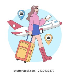 Bleisure travel. Business and sightseeing trip. Workation, digital nomad working globally. Combined leisure with professional business tasks abroad. Flat vector illustration