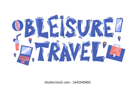 Bleisure travel quote emblem. Combining business travel and leisure time phrase. Work life balance. Vector flat illustration.