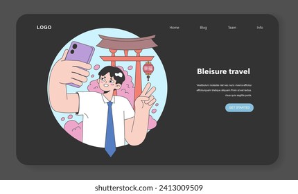 Bleisure travel web banner or landing page night or dark mode set. Business and sightseeing trip. Workation, digital nomad working globally. Leisure and business abroad. Flat vector illustration
