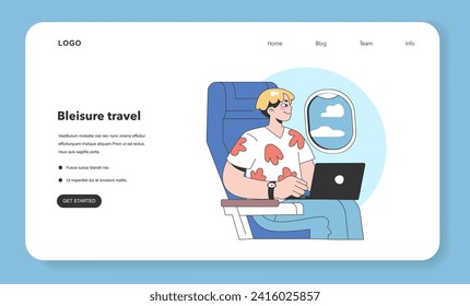 Bleisure travel web banner or landing page set. Business and sightseeing trip. Workation, digital nomad working globally. Combined leisure and business tasks abroad. Flat vector illustration