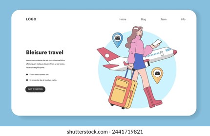 Bleisure travel web banner or landing page set. Business and sightseeing trip. Workation, digital nomad working globally. Combined leisure and business tasks abroad. Flat vector illustration