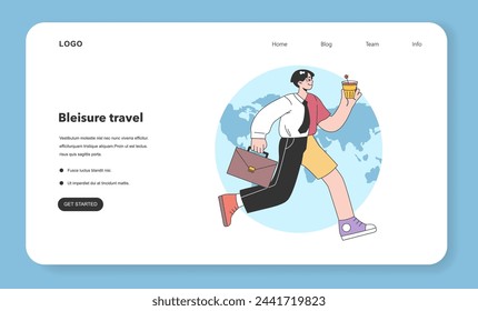 Bleisure travel web banner or landing page set. Business and sightseeing trip. Workation, digital nomad working globally. Combined leisure and business tasks abroad. Flat vector illustration