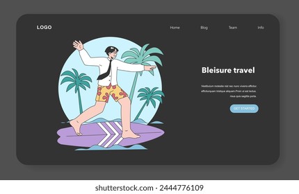 Bleisure travel web banner or landing page night or dark mode set. Business and sightseeing trip. Workation, digital nomad working globally. Leisure and business abroad. Flat vector illustration