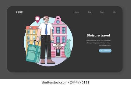 Bleisure travel web banner or landing page night or dark mode set. Business and sightseeing trip. Workation, digital nomad working globally. Leisure and business abroad. Flat vector illustration