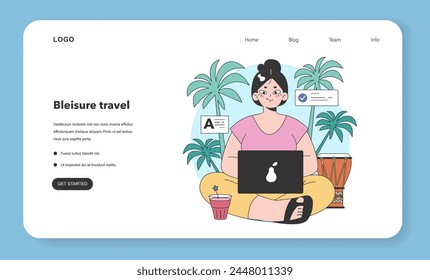 Bleisure travel web banner or landing page set. Business and sightseeing trip. Workation, digital nomad working globally. Combined leisure and business tasks abroad. Flat vector illustration