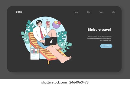 Bleisure travel web banner or landing page night or dark mode set. Business and sightseeing trip. Workation, digital nomad working globally. Leisure and business abroad. Flat vector illustration