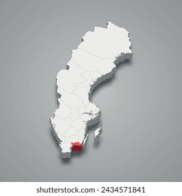 Blekinge county highlighted in red on a grey Sweden 3d map