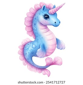 Mezcla el animal de un caballito de mar y un unicornio. Los tonos azul y rosa crean una escena lúdica y mágica, perfecta para la decoración infantil y los temas de fantasía. Unihorse o uniseahorse aislado en blanco