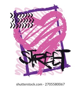 A blend of bold colors and grunge patterns highlights a heart and the word street. This design showcases the energy and creativity found in urban environments.